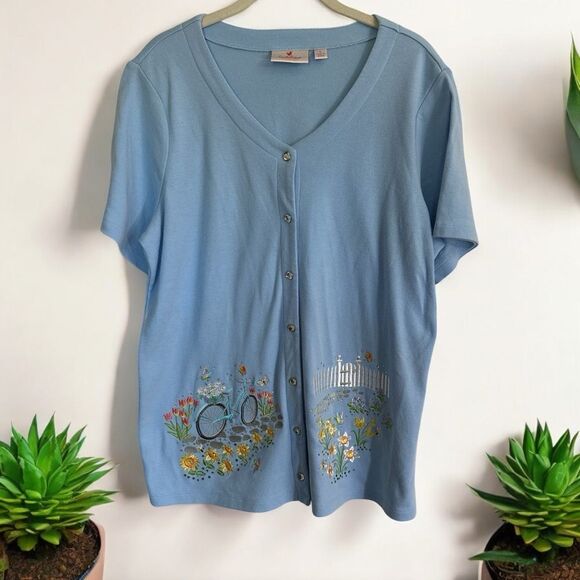 Quacker Factory Springtime Scenes V-Neck  Snap Up Cardigan‎ Light Blue Large - Picture 1 of 12